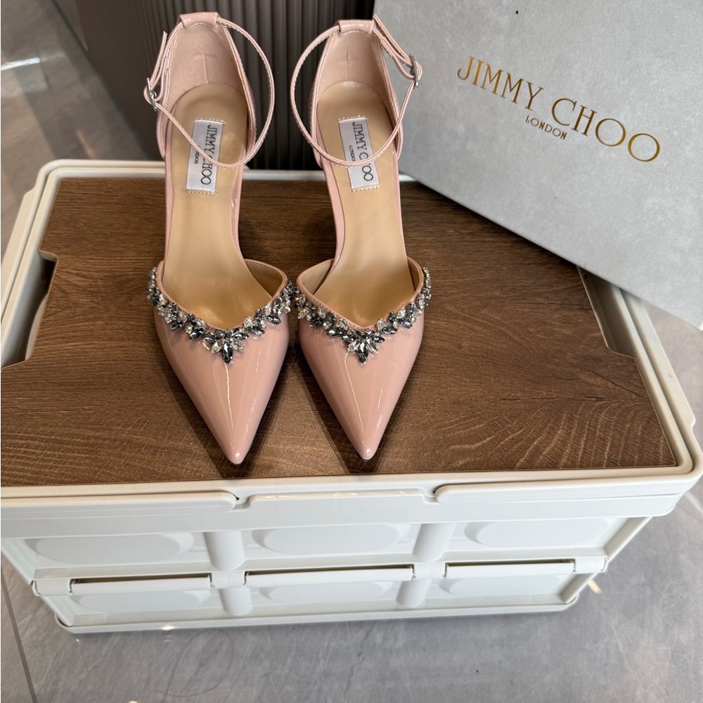 Blush Pink Patent Leather Jeweled Ankle-Strap Pumps